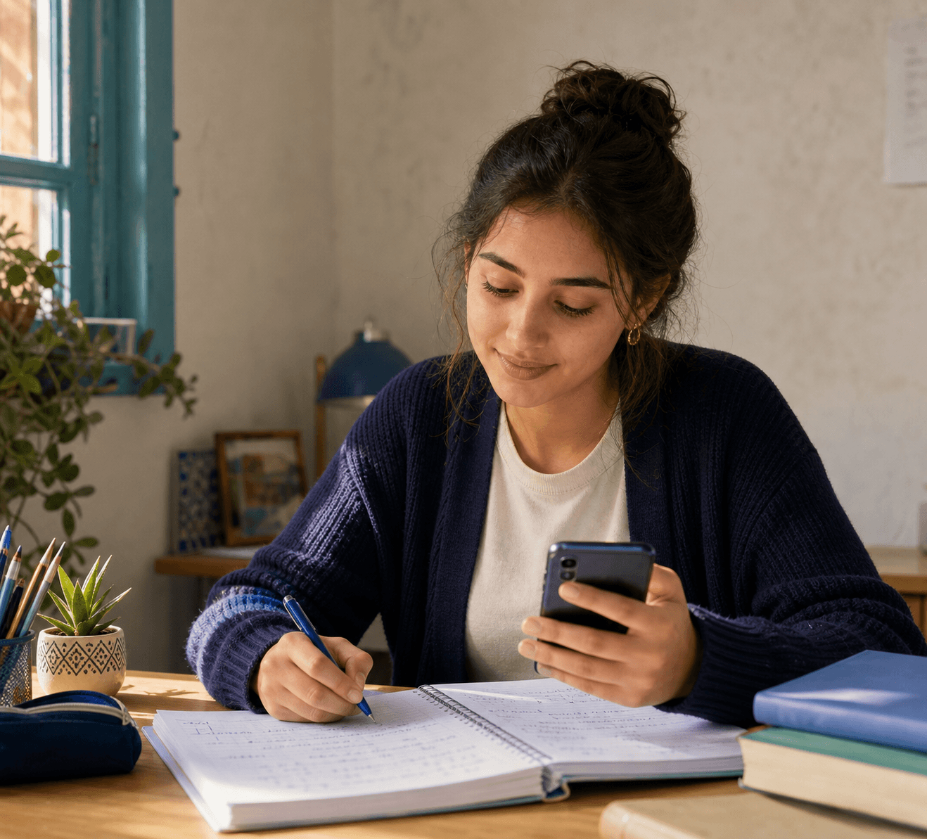 Une étudiante révise un exercice avec l'aide de son téléphone